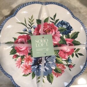 Soho Loft Blue Flower Rose Scalloped Set of 4 11" Melamine Dinner Plates NWT